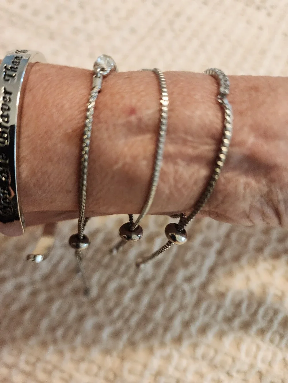 Lot Of 4 Silver-Tone Bracelets 3 Bolo Style 1 Inspirational Cuff Flipflop Bling